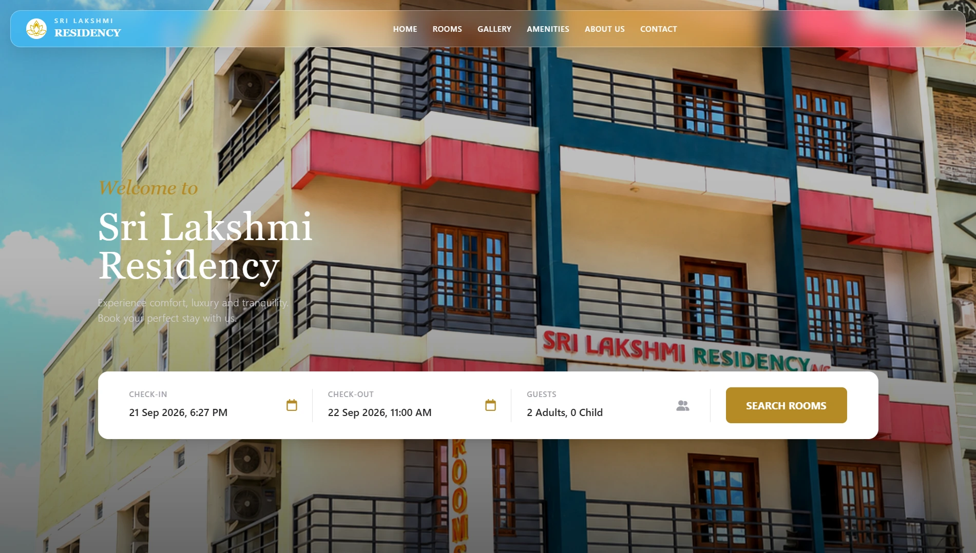 Hotel booking website built by Recmax for Sri Lakshmi Residency, screenshot 1 of 5