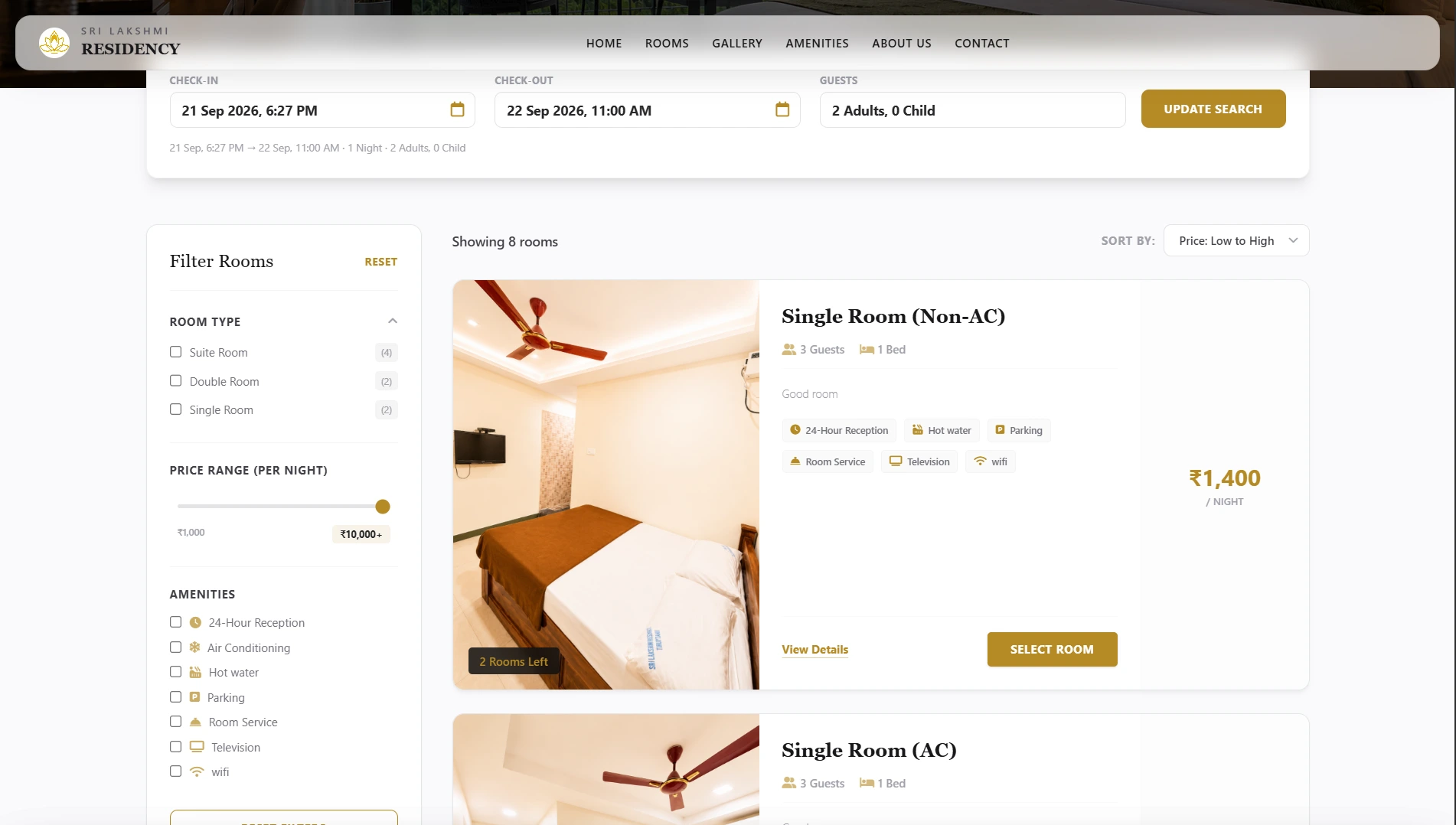 Hotel booking website built by Recmax for Sri Lakshmi Residency, screenshot 2 of 5